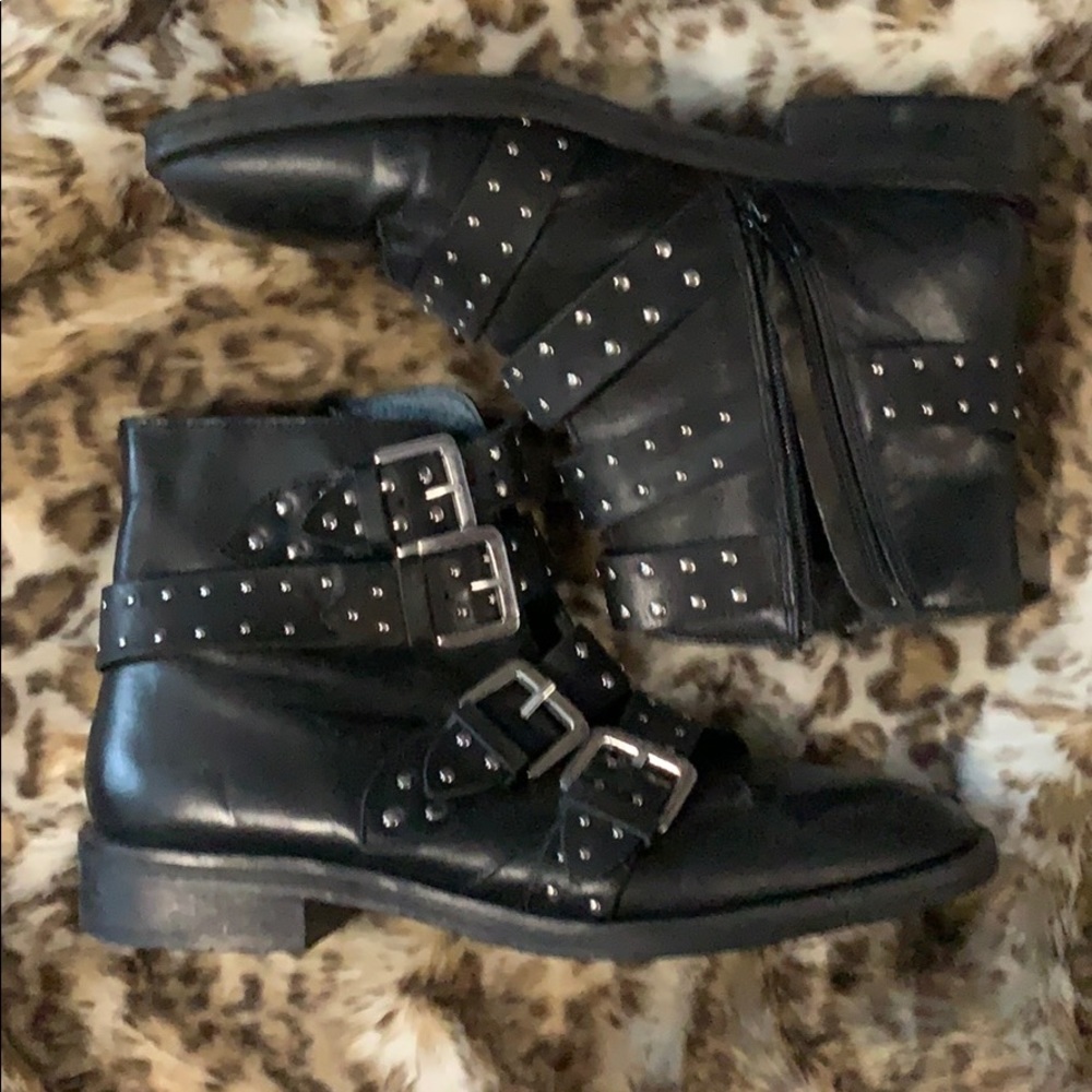 Topshop black moto boots buckle straps